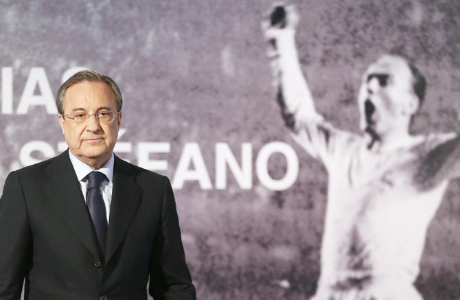 Real Madrid's president Florentino Perez leaves a news conference after the death of former Real Madrid player Alfredo Di Stefano at Santiago Bernabeu stadium in Madrid on Monday