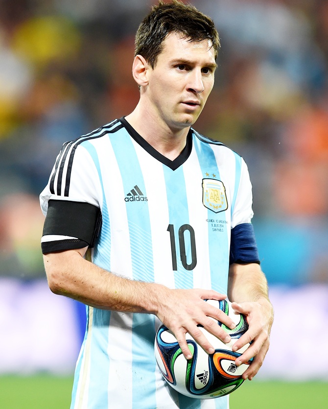 Lionel Messi of Argentina looks on during the 2014 FIFA World Cup Brazil Semi Final match against Netherlands