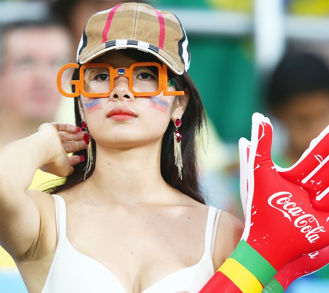 A South Korean fan looks on during the 2014 FIFA World Cup Brazil Group H match between Russia and South Korea at Arena Pantanal