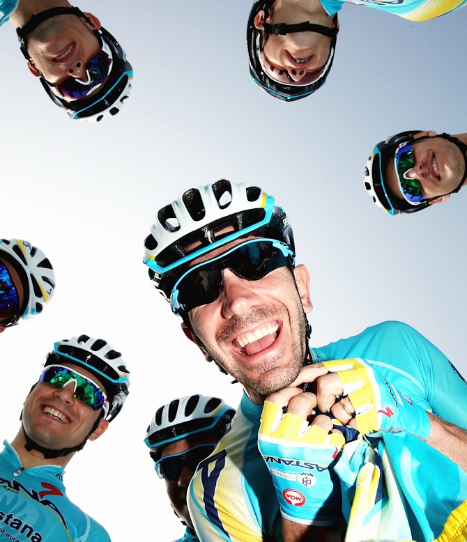 Vincenzo Nibali of Italy and Astana Pro Team poses for a picture with his team mates