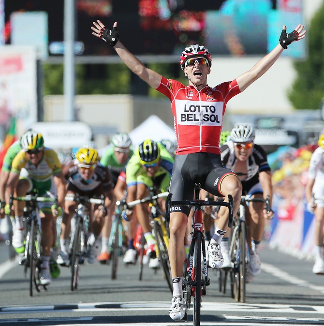 Tony Gallopin of France and Lotto Belisol celebrates as his solo breakaway eludes   the peloton in the final meters to win the eleventh stage of the 2014 Tour de France