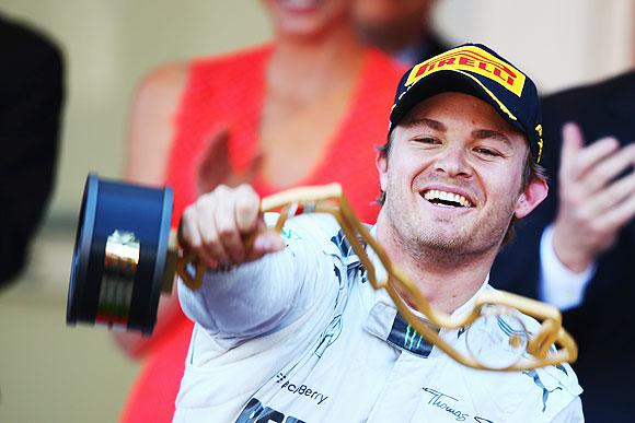 Nico Rosberg of Germany and Mercedes GP celebrates after winning the Monaco Formula One Grand Prix