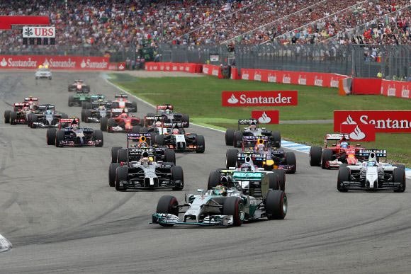 Nico Rosberg of Germany and Mercedes GP leads the field into the first corner during the German Grand Prix on Sunday