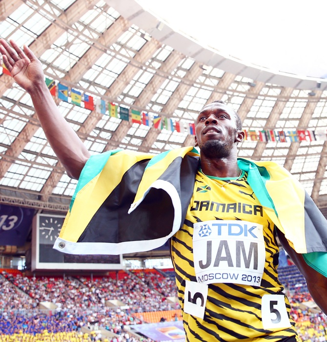 Usain Bolt of Jamaica celebrates winning gold in the Men's 4x100 metres final during Day   Nine of the 14th IAAF World Athletics Championships Moscow 2013