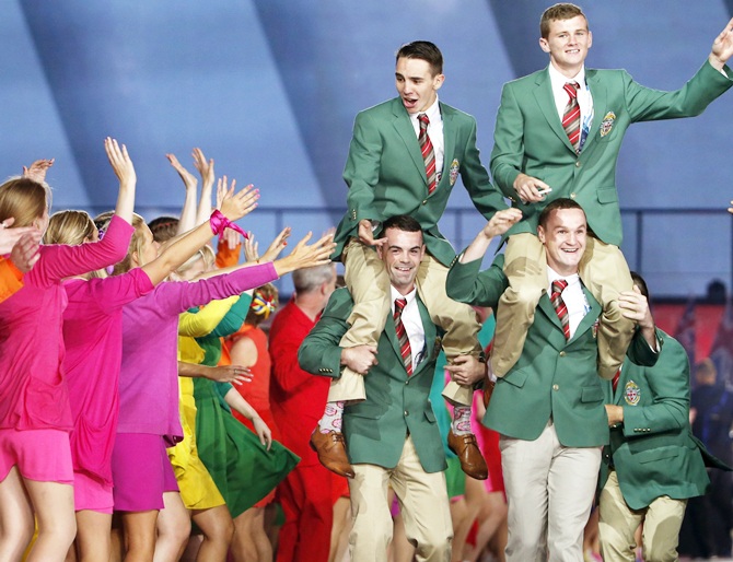 Members of Northern Ireland's team enter the stadium during the opening ceremony