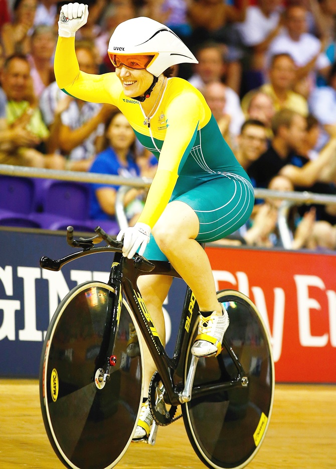 Anna Meares of Australia celebrates winning gold in the Women's 500m Time Trial