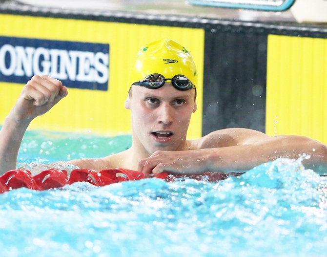 Thomas Fraser-Holmes of Australia celebrates winning the gold medal in the Men's 200m   Freestyle Final at Tollcross International Swimming Centre during day two of the Glasgow 2014 Commonwealth Games