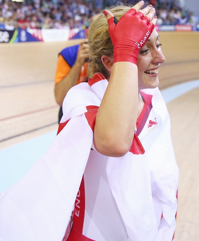 Laura Trott of England celebrates after winning