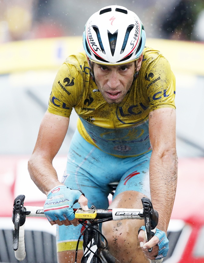 Astana team rider Vincenzo Nibali of Italy crosses the finish line