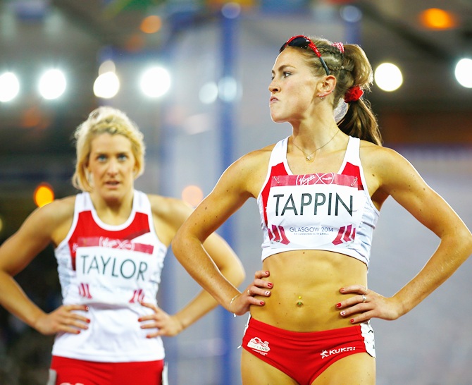 Jessica Taylor and Jessica Tappin of England look on after the Women's Heptathlon 200 metres at Hampden Park during day six of the Glasgow 2014 Commonwealth Games