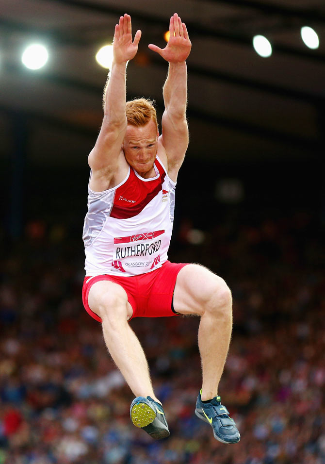 Greg Rutherford of England competes in the Men's Long Jump Final enroute to a gold medal at Hampden Park during day seven of the Glasgow 2014 Commonwealth Games on Wednesday