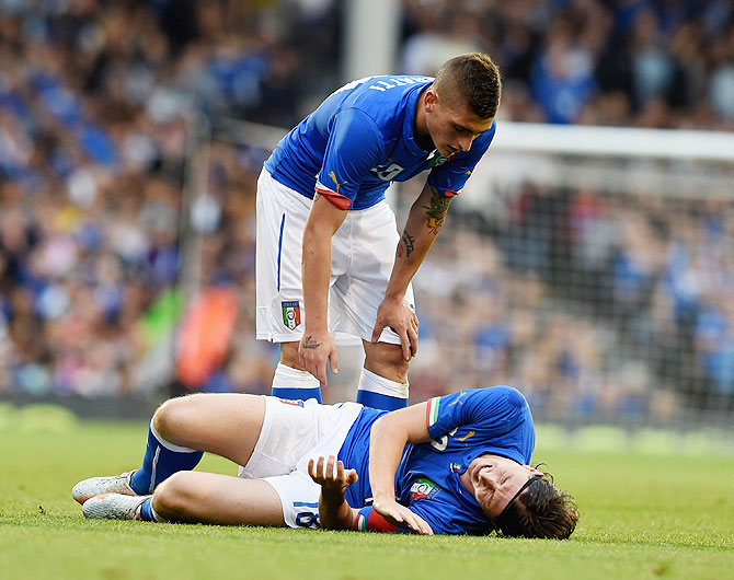 Riccardo Montolivo of Italy #18 injured during the International Friendly match between Italy and Ireland at Craven Cottage on Saturday