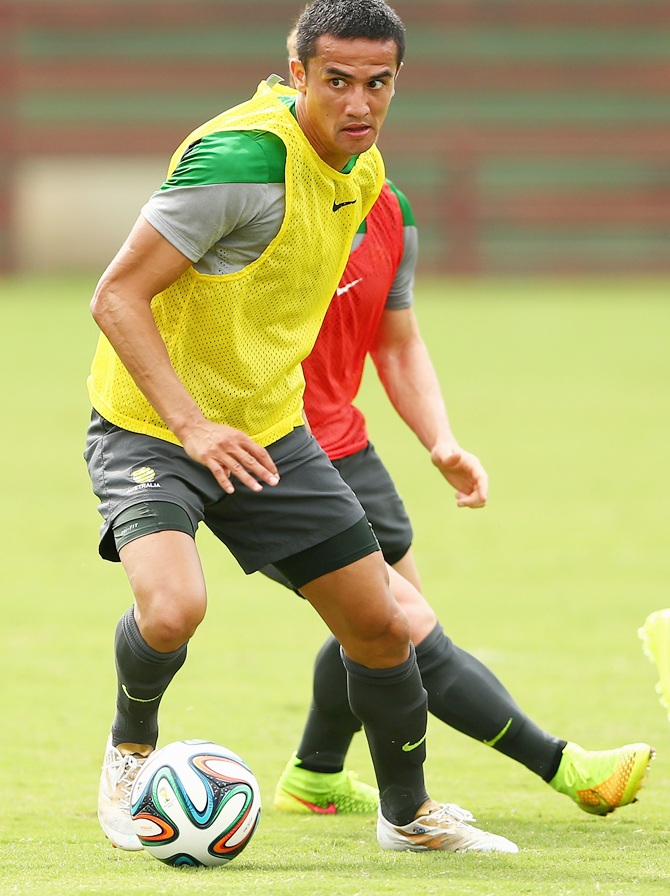 Tim Cahill of the Socceroos controls the ball during an Australian Socceroos training session