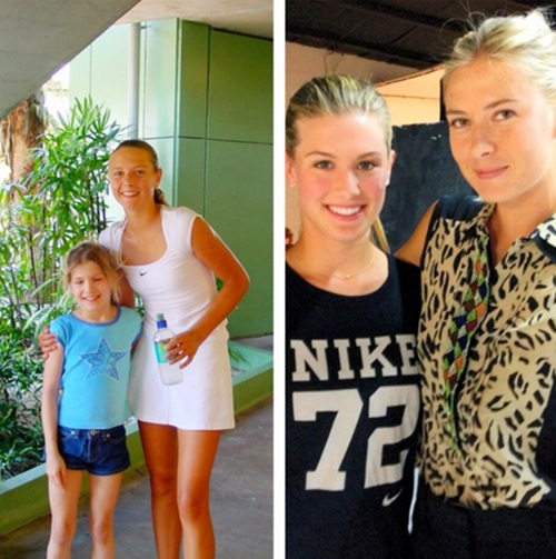 Eugenie Bouchard poses with Maria Sharapova in 2002 as a fan and in 2013 as a player