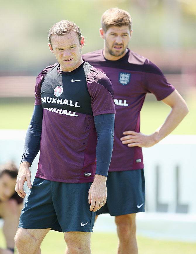 Wayne Rooney and Steven Gerrard in action during an England training session at the Barry University Campus in Miami, Florida on Friday