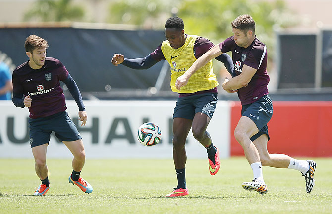 Adam Lallana, Danny Wellbeck and Gary Cahill during an England training session at the Barry University Campus