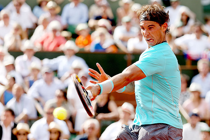 Rafael Nadal of Spain returns a shot during his men's singles final match against Novak Djokovic of Serbia on Sunday