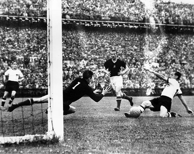 West Germany's Morlock scores against Hungary in the World Cup final in Berne, Switzerland.