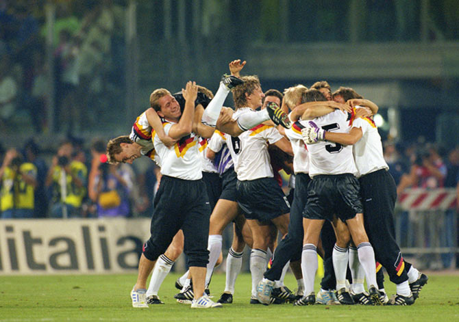 The Germany players celebrate after beating beating Argentina in the 1990 World Cup final in Rome.