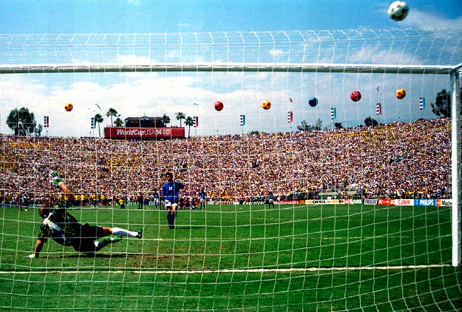 Italy's Roberto Baggio hits his penalty over the bar in the World Cup final against Brazil at the Rose Bowl in Pasadena, California, on July 17, 1994.