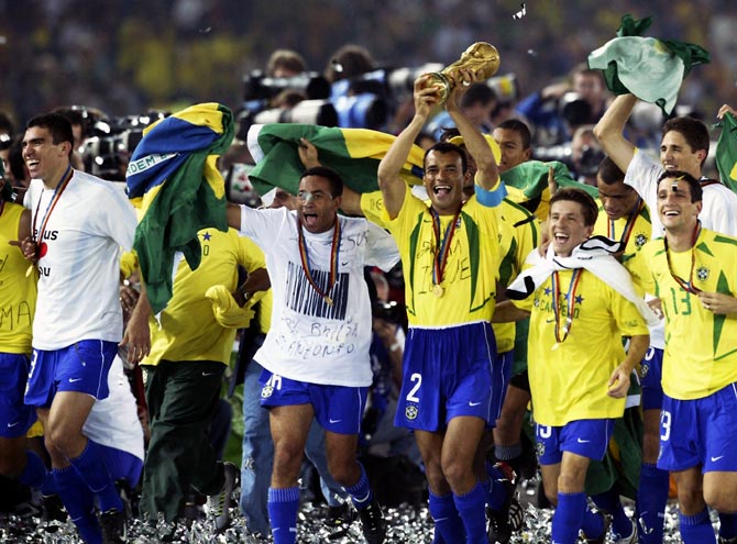 Brazil players celebrate winning the 2002 World Cup final match against Germany at the International Stadium Yokohama in Yokohama