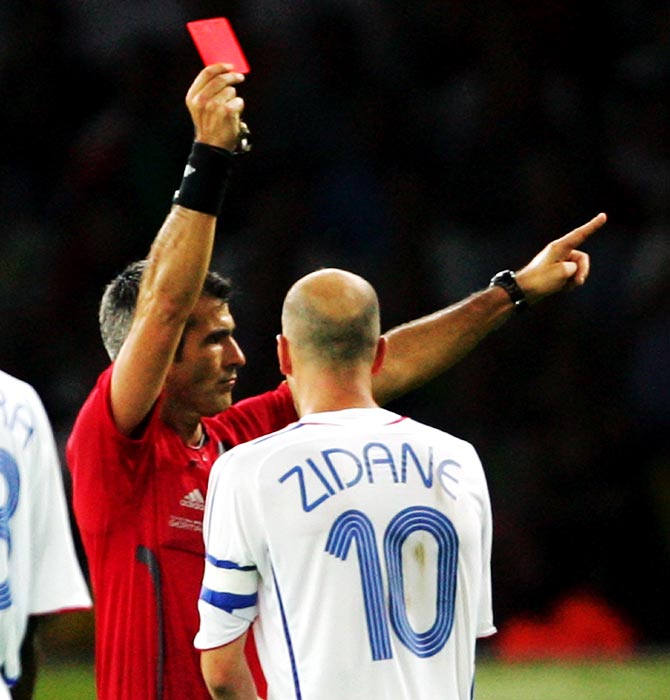 Zinedine Zidane of France is shown a red card by Referee Horacio Elizondo