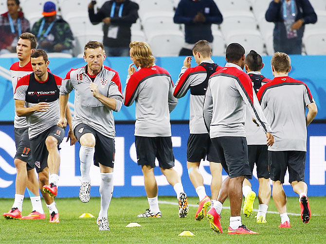 Croatia national footballers attend a training session in Sao Paulo on Wednesday
