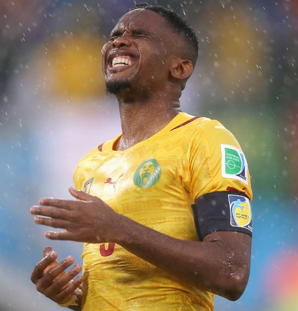 Samuel Eto'o of Cameroon reacts after a missed chance