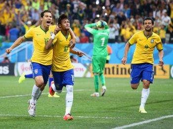 Neymar celebrates after scoring Brazil's second goal