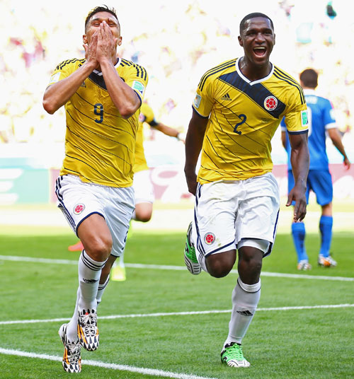 Teofilo Gutierrez of Colombia (left) and Cristian Zapata celebrate after the second goal