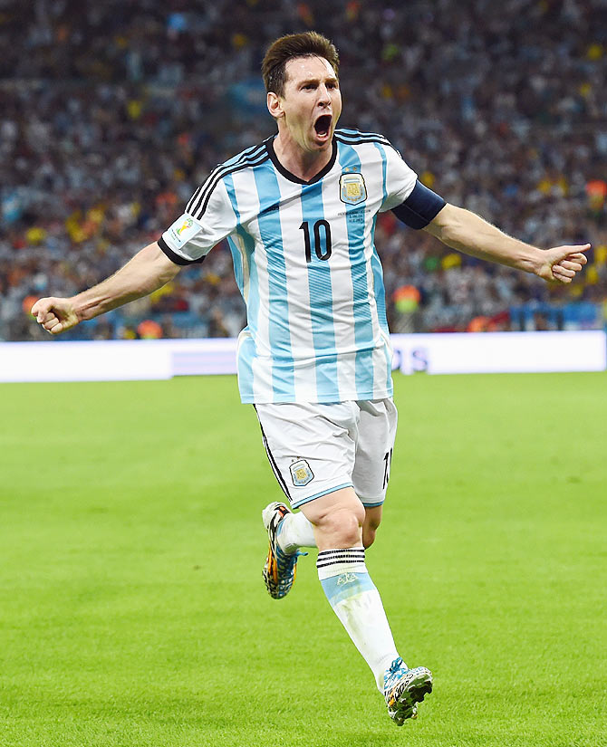 Lionel Messi of Argentina reacts after scoring his team's second goal against Bosnia-Herzegovina at Maracana stadium in Rio de Janeiro on Sunday