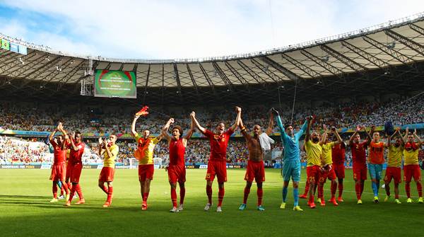 The Belgium players acknowlege their fans after defeating Algeria