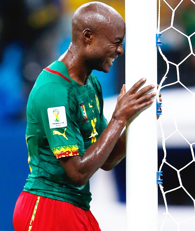 Pierre Webo of Cameroon reacts late in the game during the 2014 FIFA World Cup match against Croatia at Arena Amazonia
