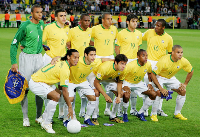 The Brazil team line up before the FIFA World Cup Germany 2006 Group F match between Japan and Brazil at the Stadium Dortmund on June 22, 2006 in Dortmund, Germany