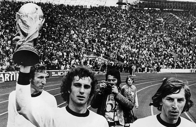 The West Germany football team celebrate after winning the 1974 World Cup final