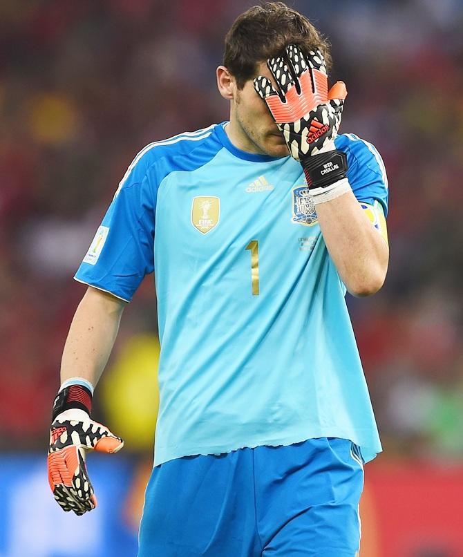 Iker Casillas of Spain reacts after a missed chance