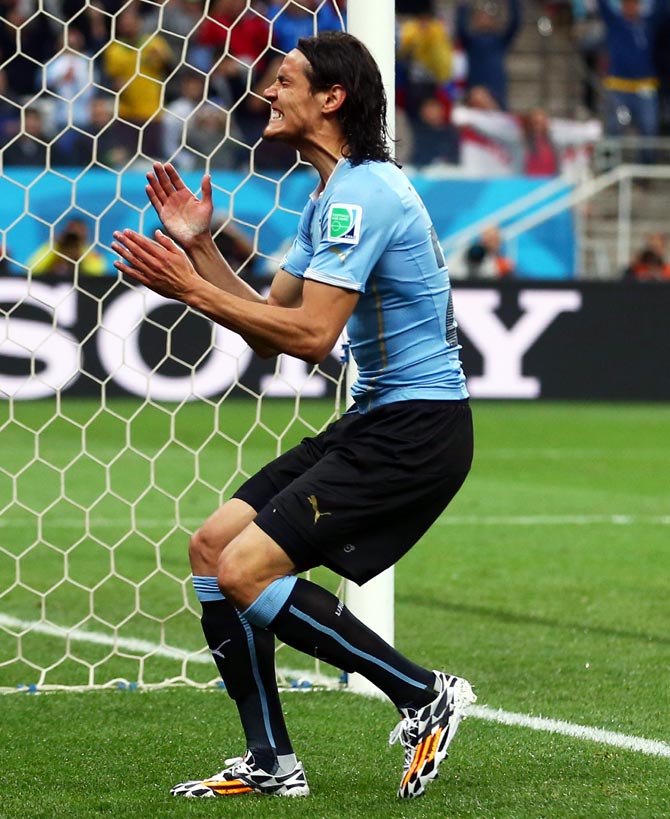 Edinson Cavani of Uruguay reacts after a missed chance