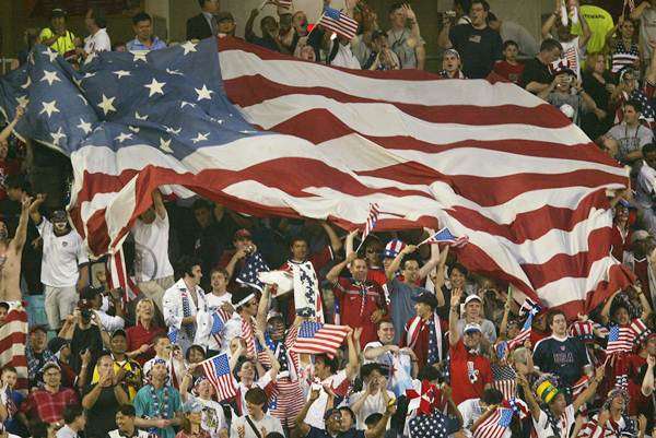 American fans celebrate the 3-2 win over Portugal at the Suwon World Cup Stadium, Suwon, South Korea on June 5, 2002.