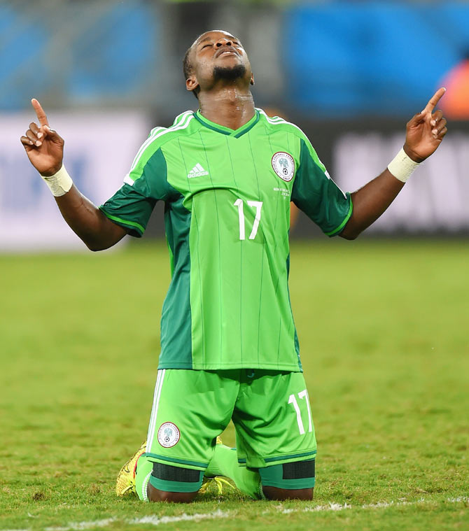 Ogenyi Onazi of Nigeria celebrates a 1-0 victory over Bosnia-Herzegovina in their Group F match at Arena Pantanal in Cuiaba on Friday