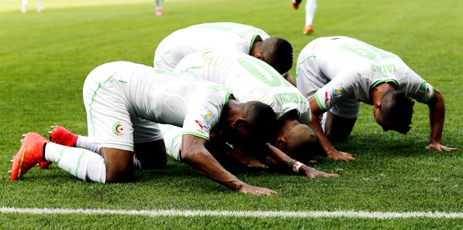 Algeria's Sofiane Feghouli (centre) celebrates with teammates after scoring against Belgium.