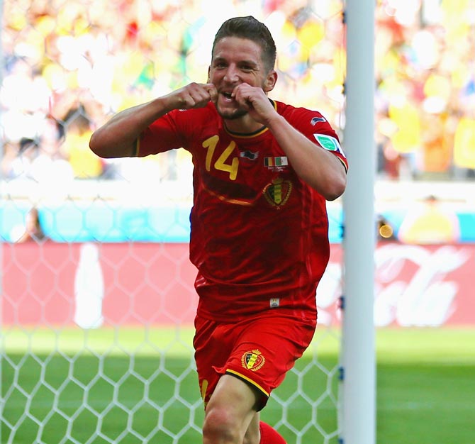 Dries Mertens of Belgium celebrates scoring his team's second goal against Algeria.