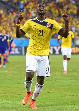 Jackson Martinez of Colombia celebrates scoring his team's second goal against Japan