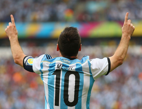 Lionel Messi of Argentina celebrates scoring against Nigeria in Porto Alegre