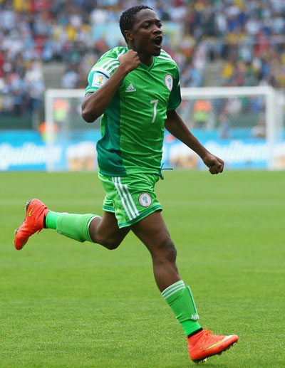 Ahmed Musa of Nigeria celebrates scoring his team's first goal