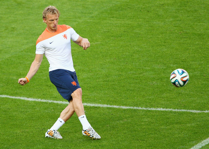 Dirk Kuyt of the Netherlands kicks during a Netherlands training session