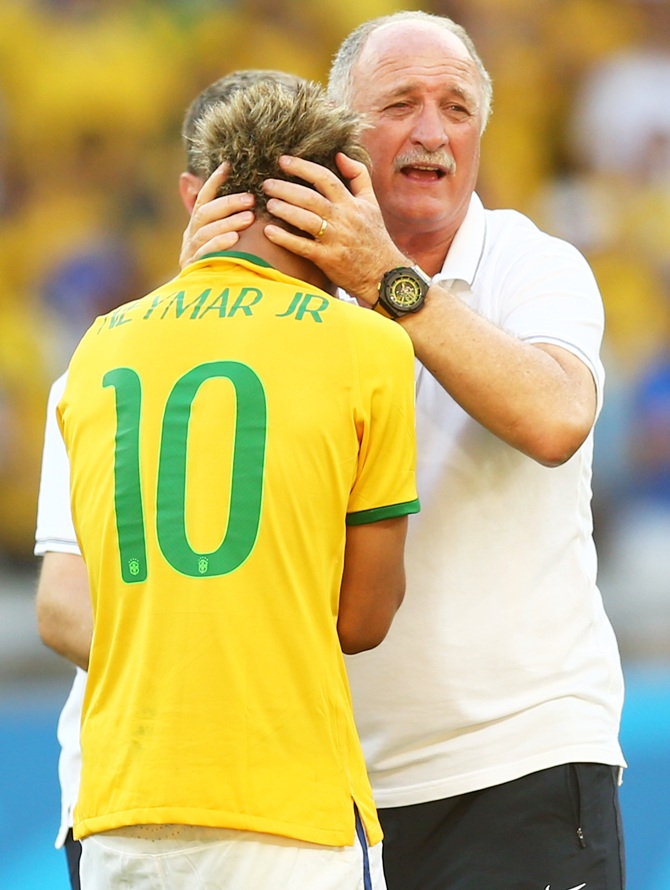 Head coach Luiz Felipe Scolari of Brazil celebrates with Neymar