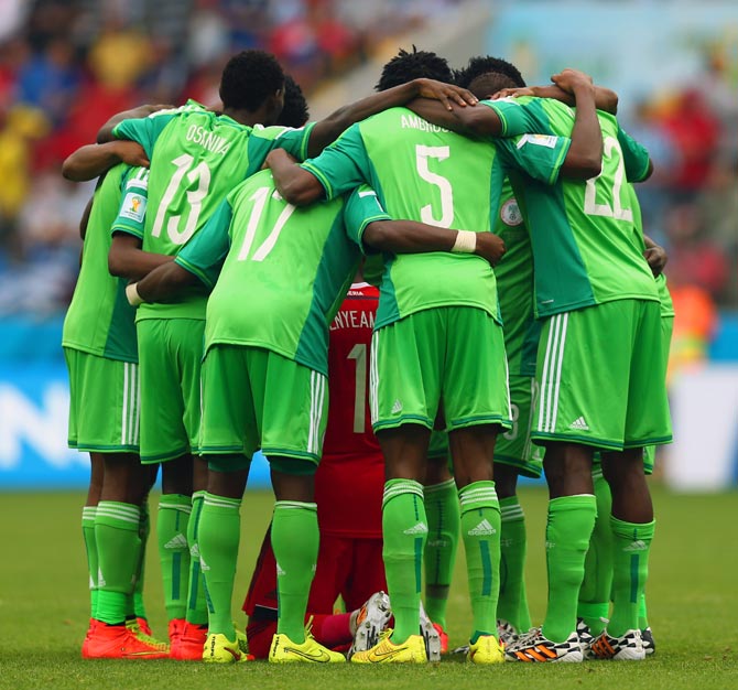 Nigeria's players in a huddle