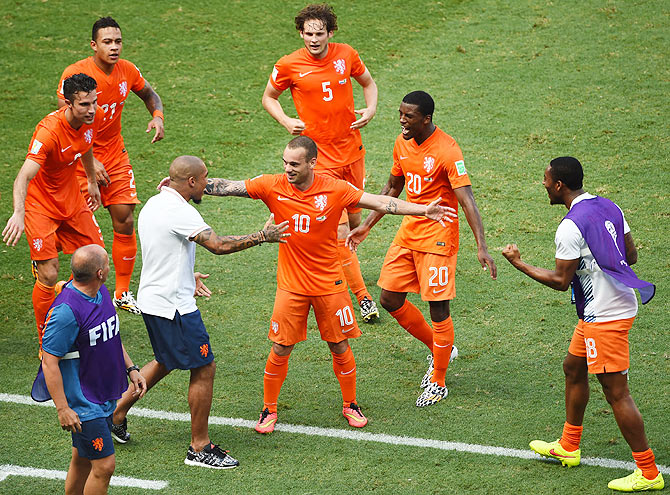 The Netherlands' Wesley Sneijder with teammates