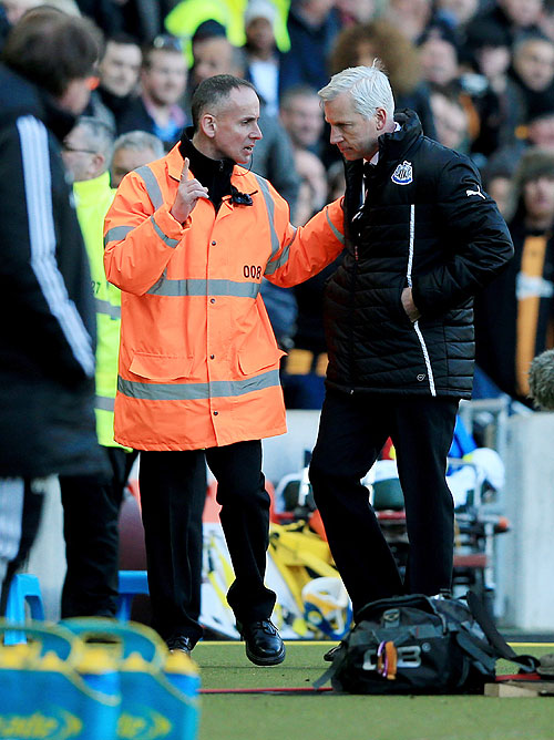 Alan Pardew manager of Newcastle United is sent off after a clash with David Meyler of Hull City on Saturday