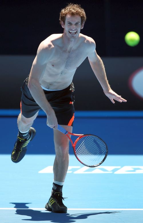 Andy Murray of Great Britain serves.